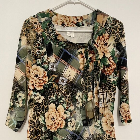 ALBERTO MAKALI Green Cream Leopard Cheetah Animal Floral Plaid 3/4 Sleeve Tunic - Picture 2 of 10